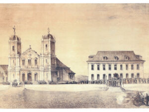Pôster Igreja da Matriz e Antigo Palácio do Governo em Porto Alegre, com Procissão, 1852 - Herrmann Rudolf Wendroth