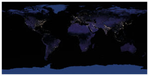 Pôster Planeta Terra à Noite, Continentes, Oceanos, Luzes das Cidades e Concentrações Urbanas - NASA