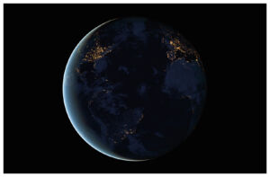 Pôster Imagens de Satélites Processadas Mostram o Planeta Terra à Noite, as Luzes das Cidades e as Concentrações Urbanas das Américas, África e Europa - NASA